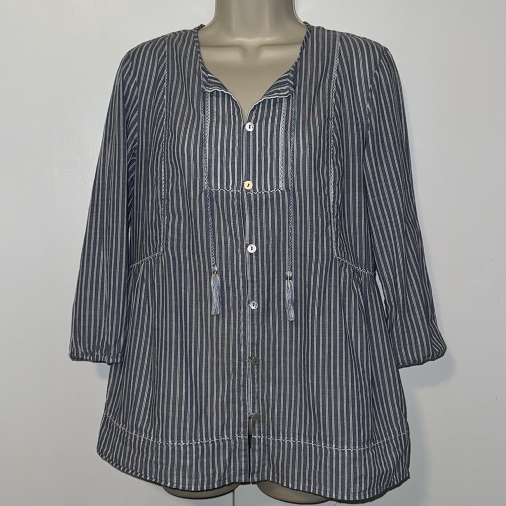 J Jill Striped Cotton Button Down Peasant Top Chambray Blue Women’s XS